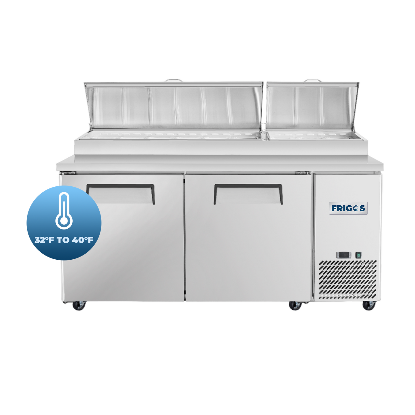 Frigos Pizza Prep Table Refrigerator 67" Width 2 Door with Aluminum Interior with 304 Stainless Steel Floor - FG-PZPT-67