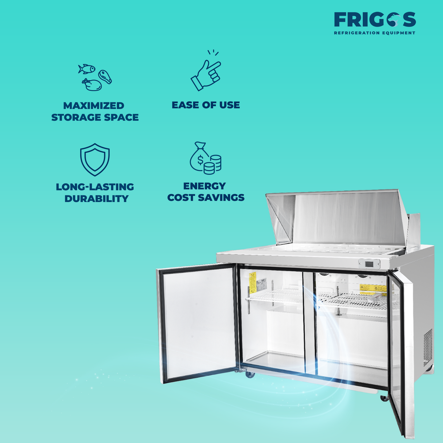 Frigos  Sandwich and Salad Prep Table Refrigerator 48" Width 2 Door with Aluminum Interior with 304 Stainless Steel Floor - FG-SWPT-48