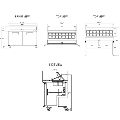 Frigos  Sandwich and Salad Prep Table Refrigerator 60" Width 2 Door FG-SWPT-60 with Aluminum Interior with 304 Stainless Steel Floor