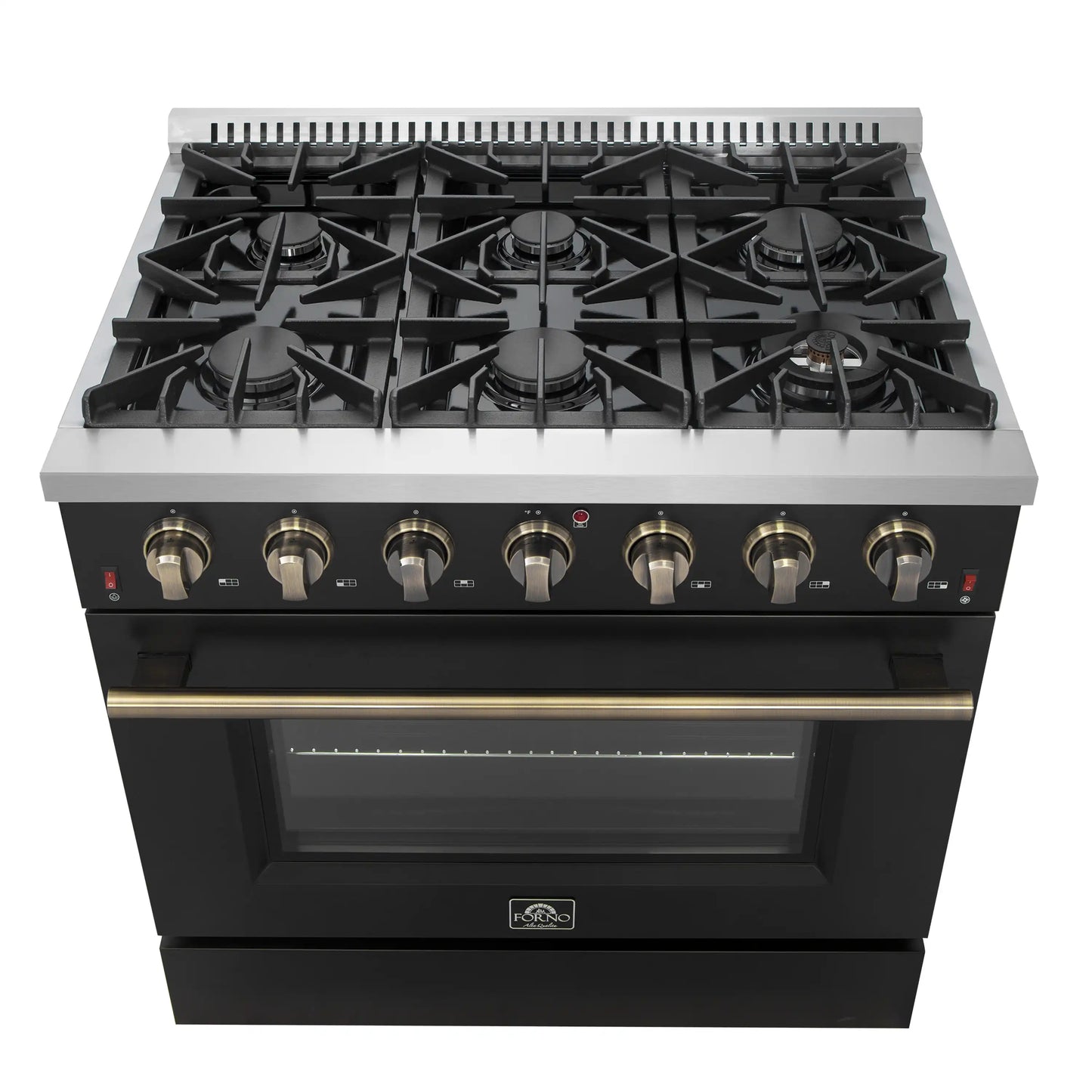 Forno Galiano 5-Piece Appliance Package - 36-Inch Gas Range, 36-Inch Hood, 36-Inch Refrigerator, 24-Inch Dishwasher, & 30-Inch Microwave Oven in Black with Antique Brass Trim - AP5-6244-36BLK-MWO30