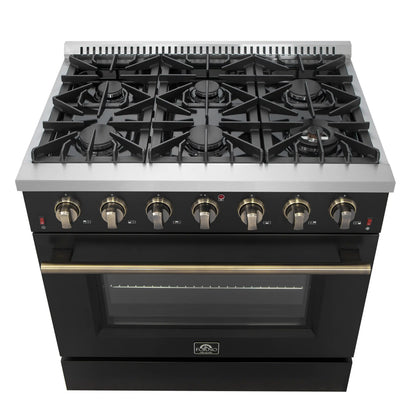 Forno 5-Piece Appliance Package - 36-Inch Gas Range, Wall Mount Range Hood, 60-Inch Convertible Refrigerator with Modern Trim, Dishwasher, and 30-Inch Microwave Oven in Black with Antique Brass Handle - AP5-6244-36BLK-MWO30-60MG