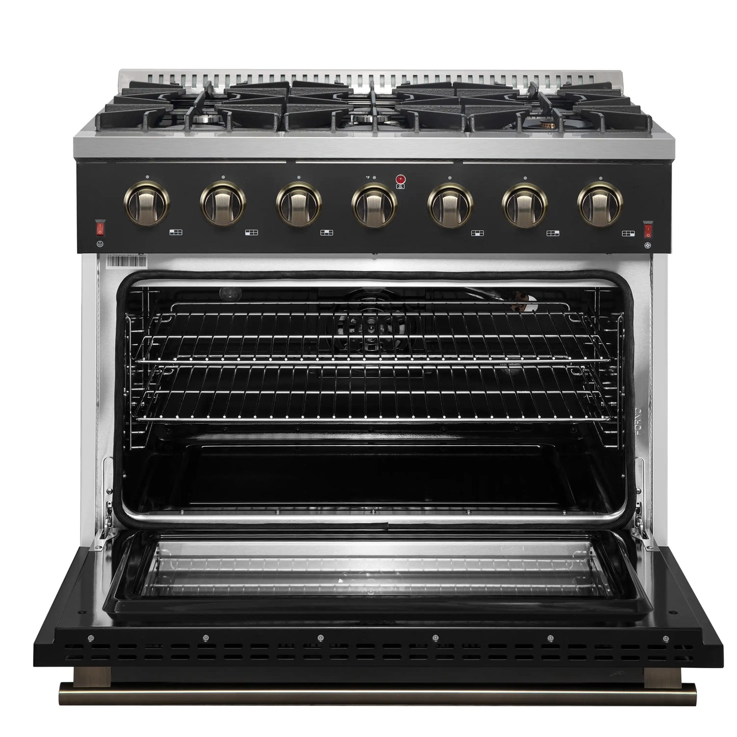 Forno 5-Piece Appliance Package - 36-Inch Gas Range, Wall Mount Range Hood, 60-Inch Convertible Refrigerator with Modern Trim, Dishwasher, and 30-Inch Microwave Drawer in Black with Antique Brass Handle - AP5-6244-36BLK-MWD30-60MG