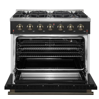 Forno 4-Piece Appliance Package - 36-Inch Gas Range, Wall Mount Range Hood, 36-Inch French Door Refrigerator, and Dishwasher in Black with Antique Brass Handle - AP4-6244-36BLK-5095