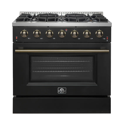 Forno 4-Piece Appliance Package - 36-Inch Gas Range, 60-Inch Convertible Refrigerator with Modern Trim, Dishwasher, and 30-Inch Microwave Oven in Black with Antique Brass Handle - AP4-6244-36BLK-MWO30-60MG