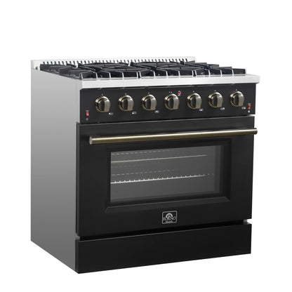Forno Galiano 5-Piece Appliance Package - 36-Inch Gas Range, 36-Inch Hood, 36-Inch Refrigerator, 24-Inch Dishwasher, & 30-Inch Microwave Oven in Black with Antique Brass Trim - AP5-6244-36BLK-MWO30
