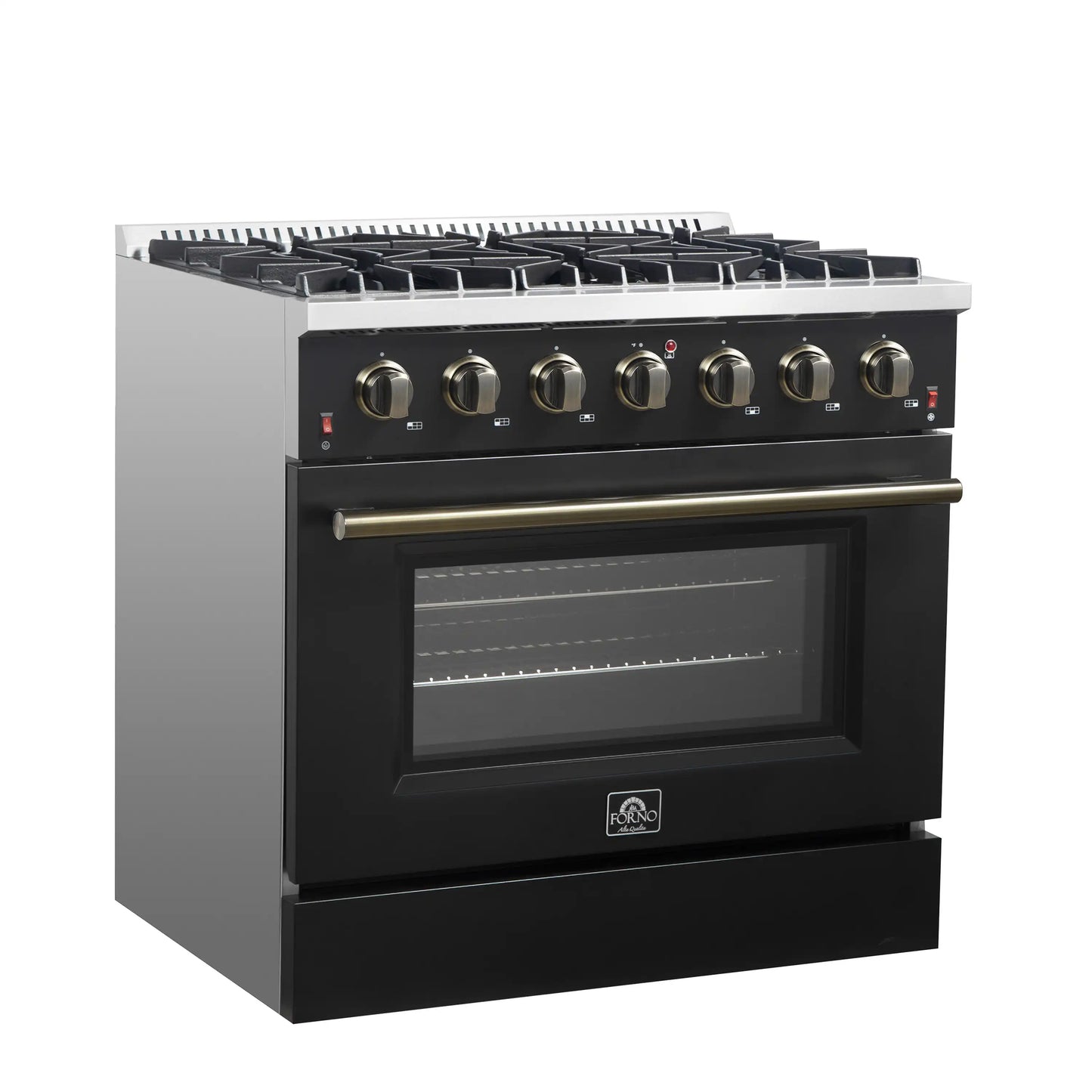 Forno 3-Piece Appliance Package - 36-Inch Gas Range, 60-Inch Convertible Refrigerator with Modern Trim, and Dishwasher in Black with Antique Brass Handle - AP3-6244-36BLK-60MG
