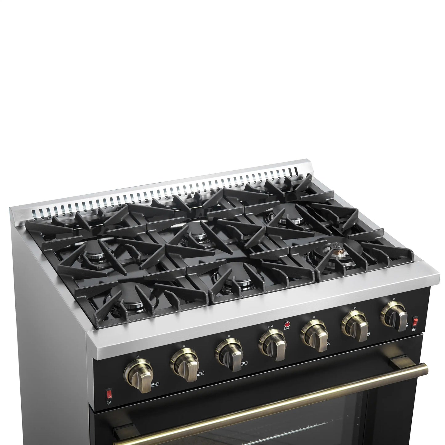 Forno 5-Piece Appliance Package - 36-Inch Gas Range, Wall Mount Range Hood, 60-Inch Refrigerator, Dishwasher, and 24-Inch Microwave Drawer in Black with Antique Brass Handle - AP5-6244-36BLK-5095-60MG-MD24