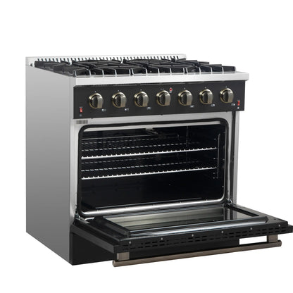 Forno 5-Piece Appliance Package - 36-Inch Gas Range, Wall Mount Range Hood, 60-Inch Convertible Refrigerator with Modern Trim, Dishwasher, and 24-Inch Microwave Oven in Black with Antique Brass Handle - AP5-6244-36BLK-MWO24-60MG