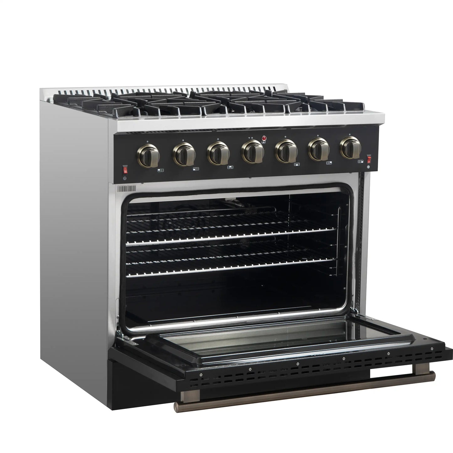 Forno 5-Piece Appliance Package - 36-Inch Gas Range, Wall Mount Range Hood, 60-Inch Convertible Refrigerator with Modern Trim, Dishwasher, and 30-Inch Microwave Oven in Black with Antique Brass Handle - AP5-6244-36BLK-MWO30-60MG