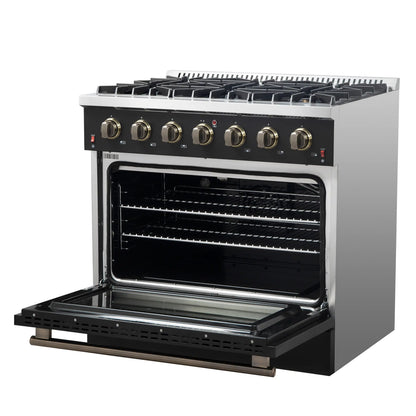 Forno 5-Piece Appliance Package - 36-Inch Gas Range, Wall Mount Range Hood, 60-Inch Convertible Refrigerator with Modern Trim, Dishwasher, and 30-Inch Microwave Drawer in Black with Antique Brass Handle - AP5-6244-36BLK-MWD30-60MG