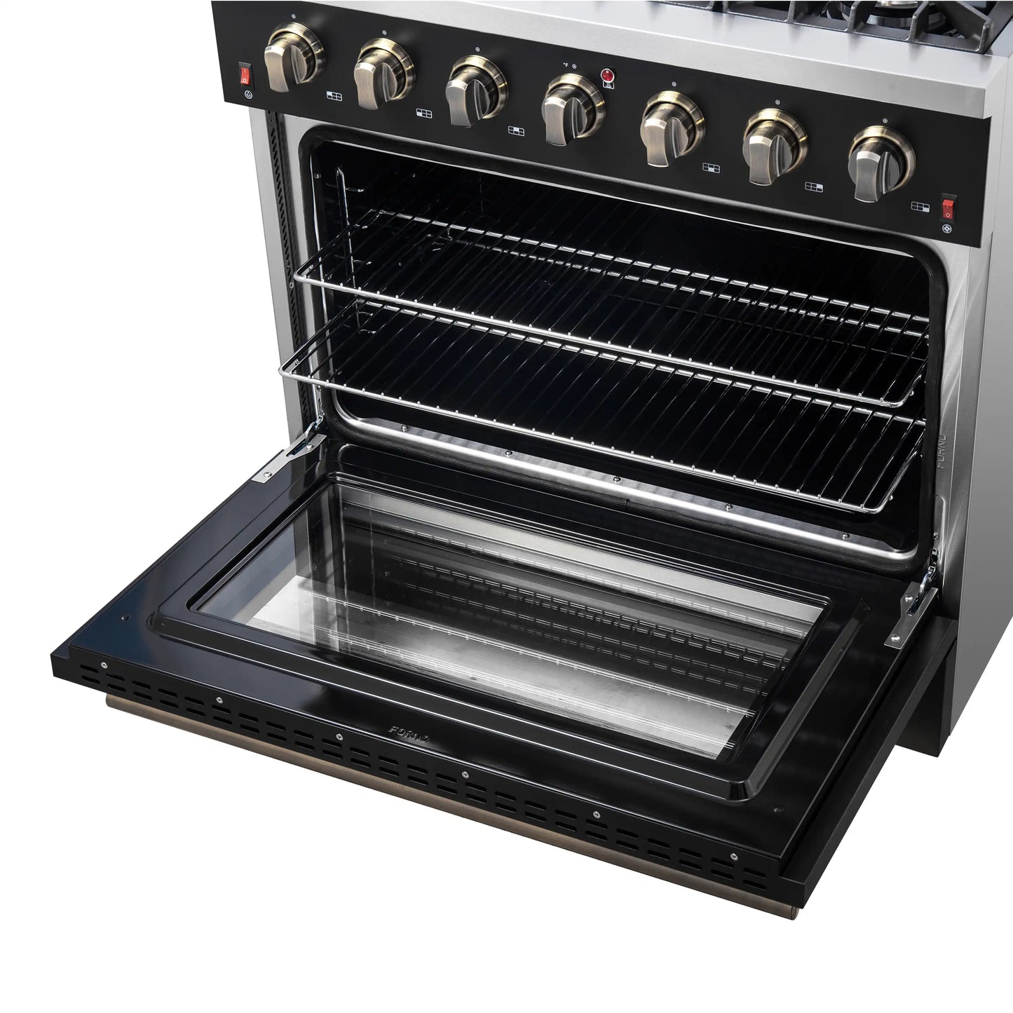 Forno 4-Piece Appliance Package - 36-Inch Gas Range, Wall Mount Range Hood, 36-Inch French Door Refrigerator, and Dishwasher in Black with Antique Brass Handle - AP4-6244-36BLK-5095