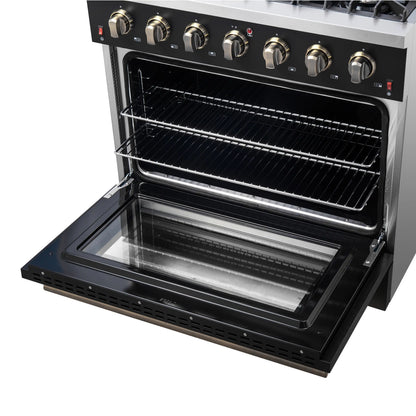 Forno Galiano 4-Piece Appliance Package - 36-Inch Gas Range, 36-Inch Hood, 36-Inch Refrigerator, & 24-Inch Dishwasher in Black with Antique Brass Trim - AP4-6244-36BLK