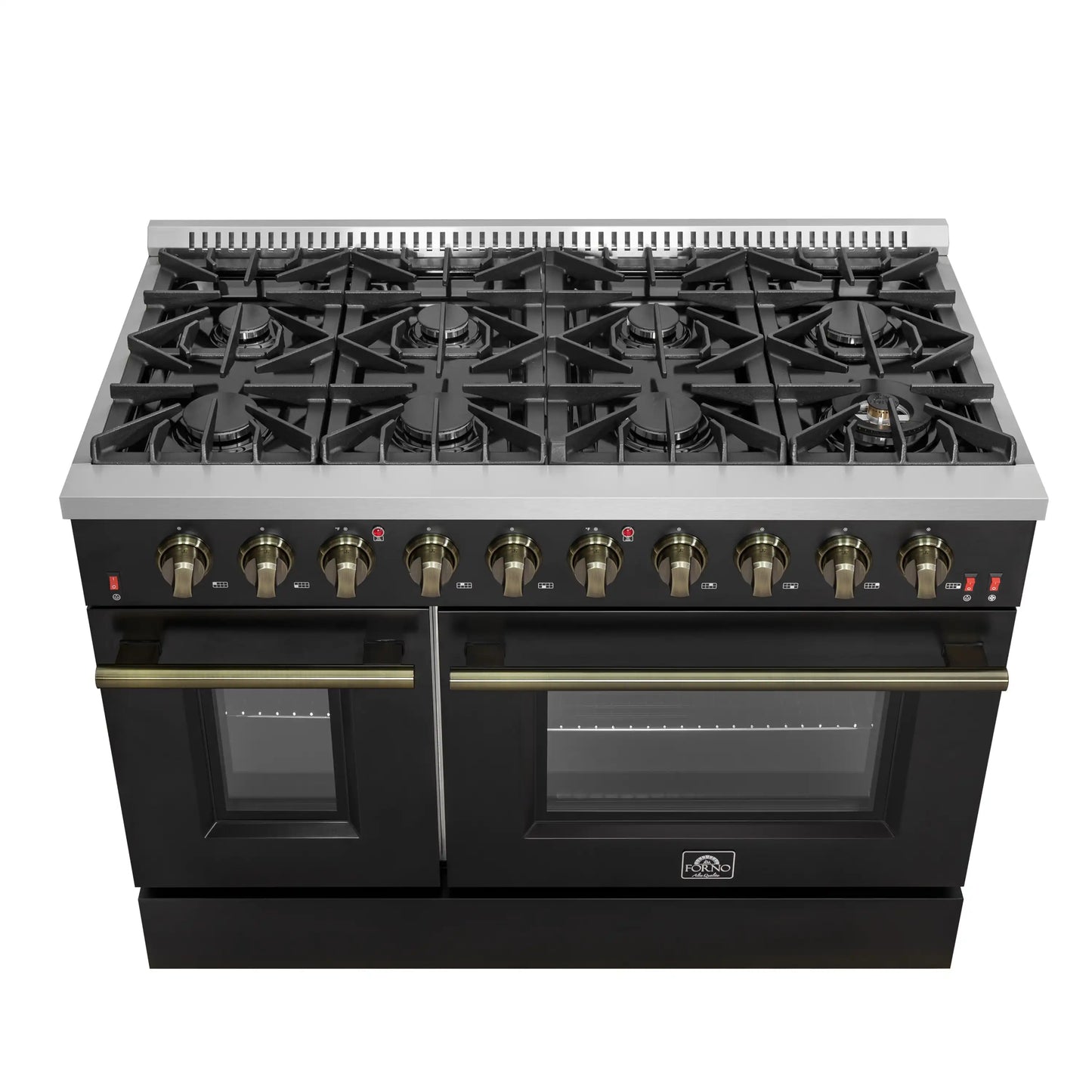 Forno 5-Piece Appliance Package - 48-Inch Gas Range, Wall Mount Range Hood, 60-Inch Refrigerator, Dishwasher, and 30-Inch Microwave Drawer in Black with Antique Brass Handle - AP5-6244-48BLK-5095-60MG-MD30
