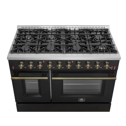 Forno Galiano 5-Piece Appliance Package - 48-Inch Gas Range, 48-Inch Hood, 36-Inch Refrigerator, 24-Inch Dishwasher, & 30-Inch Microwave Drawer in Black with Antique Brass Trim - AP5-6244-48BLK-MWD30