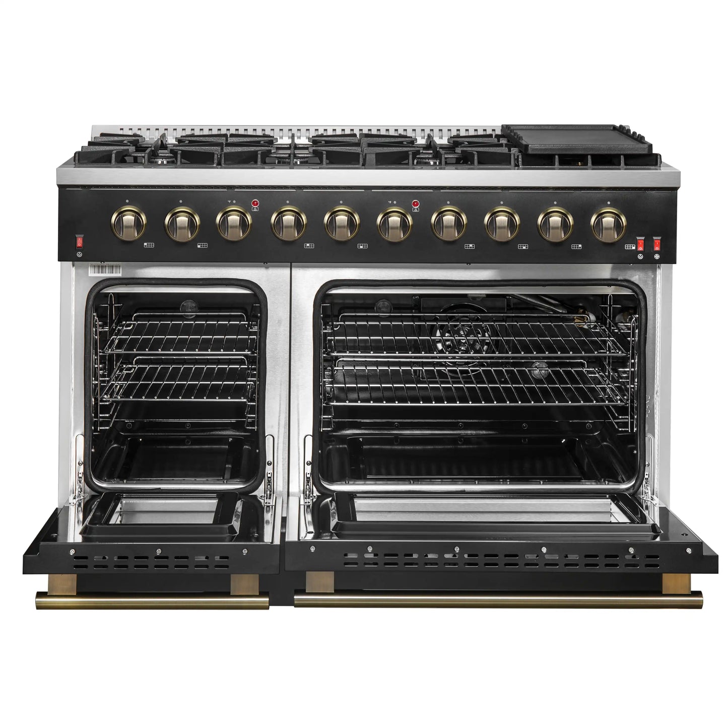 Forno 5-Piece Appliance Package - 48-Inch Gas Range, 60-Inch Convertible Refrigerator with Modern Trim, Dishwasher, and 30-Inch Microwave Drawer in Black with Antique Brass Handle - AP5-6244-48BLK-MWD30-60MG