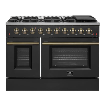 Forno 5-Piece Appliance Package - 48-Inch Gas Range, Wall Mount Range Hood, 60-Inch Refrigerator, Dishwasher, and 30-Inch Microwave Drawer in Black with Antique Brass Handle - AP5-6244-48BLK-5095-60MG-MD30