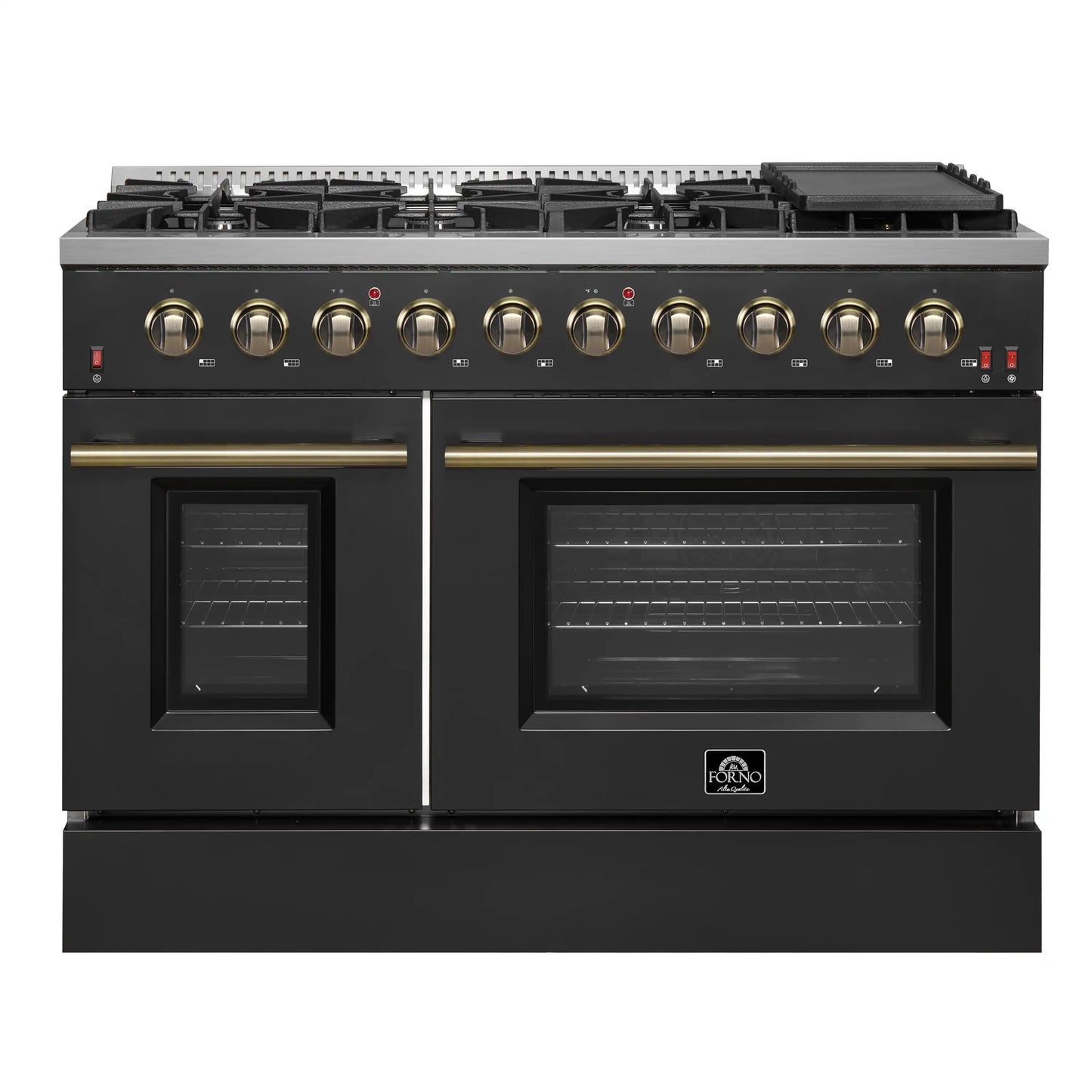 Forno Galiano 5-Piece Appliance Package - 48-Inch Gas Range, 48-Inch Hood, 36-Inch Refrigerator, 24-Inch Dishwasher, & 24-Inch Microwave Oven in Black with Antique Brass Trim - AP5-6244-48BLK-MWO24