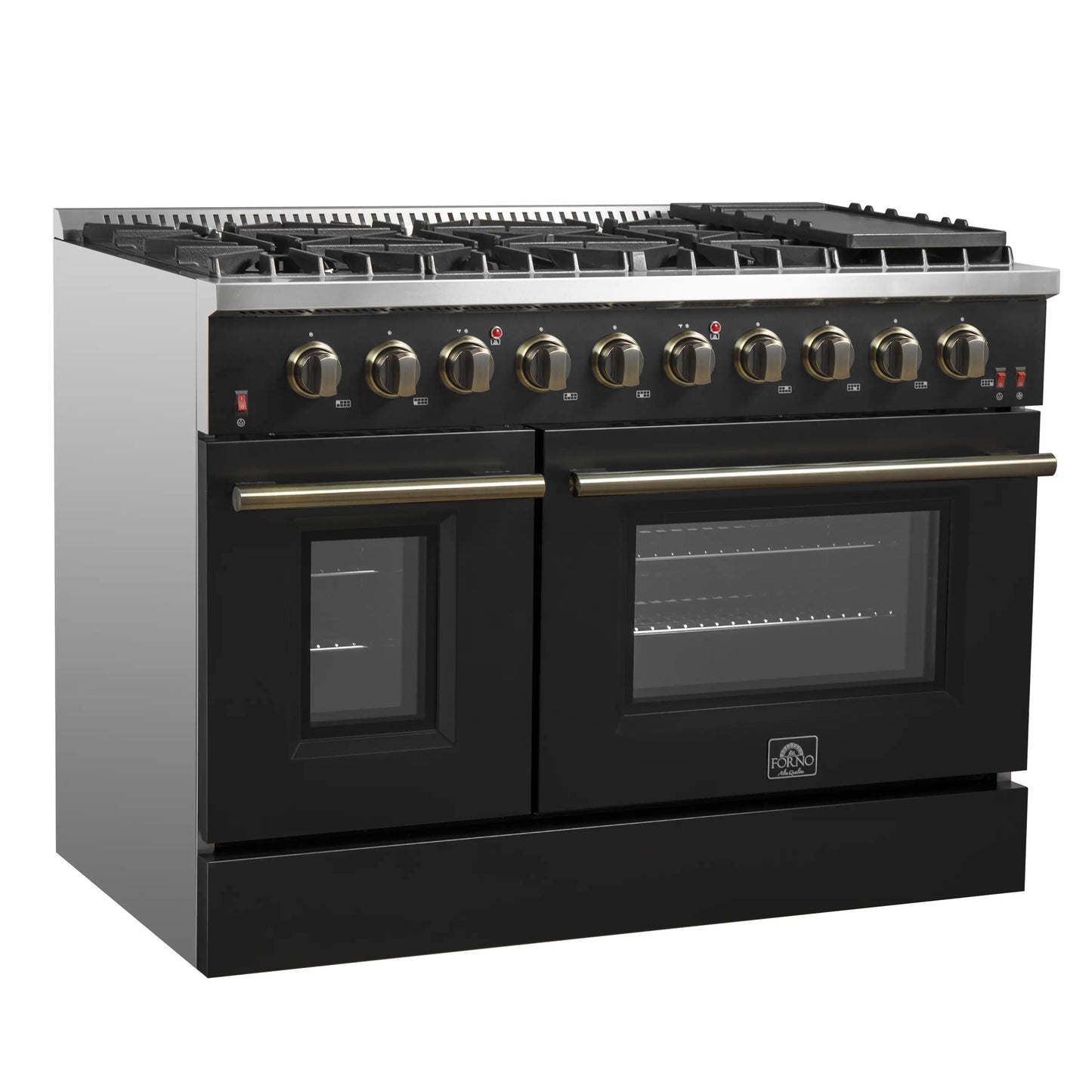 Forno Galiano 5-Piece Appliance Package - 48-Inch Gas Range, 48-Inch Hood, 36-Inch Refrigerator, 24-Inch Dishwasher, & 24-Inch Microwave Drawer in Black with Antique Brass Trim - AP5-6244-48BLK-MWD24