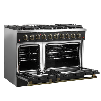 Forno Galiano 5-Piece Appliance Package - 48-Inch Gas Range, 48-Inch Hood, 36-Inch Refrigerator, 24-Inch Dishwasher, & 24-Inch Microwave Oven in Black with Antique Brass Trim - AP5-6244-48BLK-MWO24