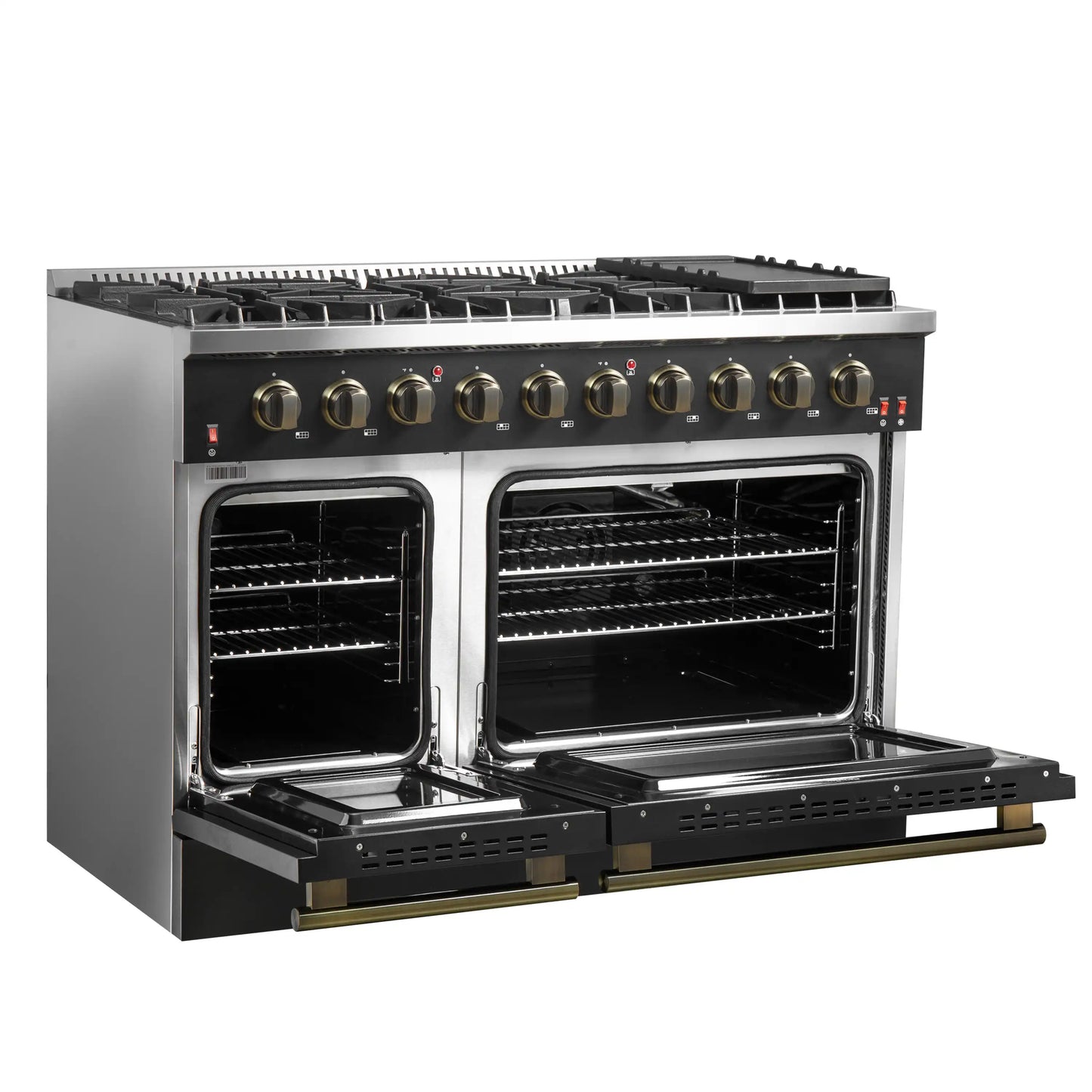 Forno 5-Piece Appliance Package - 48-Inch Gas Range, 60-Inch Convertible Refrigerator with Modern Trim, Dishwasher, and 30-Inch Microwave Oven in Black with Antique Brass Handle - AP5-6244-48BLK-MWO30-60MG