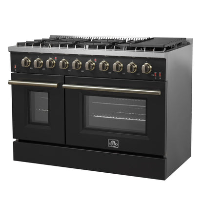 Forno Galiano 5-Piece Appliance Package - 48-Inch Gas Range, 48-Inch Hood, 36-Inch Refrigerator, 24-Inch Dishwasher, & 24-Inch Microwave Oven in Black with Antique Brass Trim - AP5-6244-48BLK-MWO24