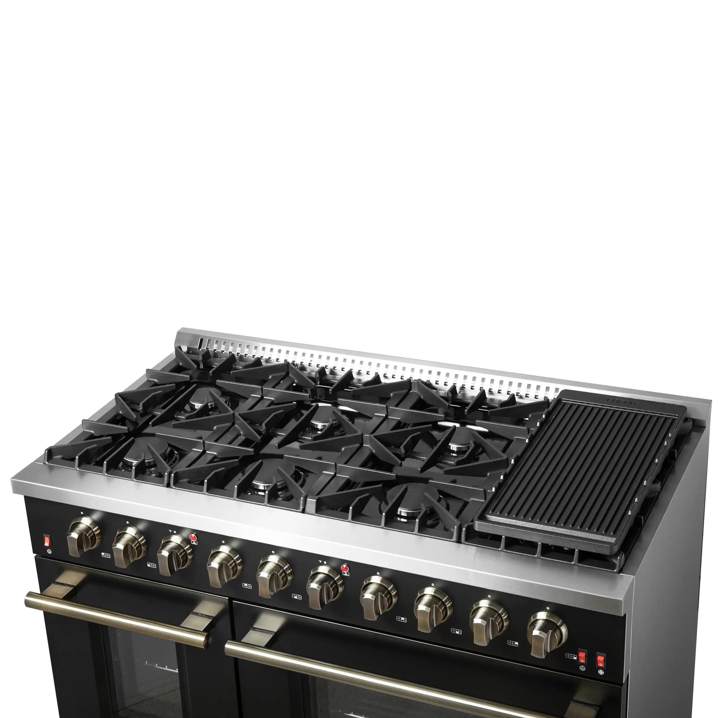 Forno 5-Piece Appliance Package - 48-Inch Gas Range, 60-Inch Convertible Refrigerator with Modern Trim, Dishwasher, and 30-Inch Microwave Oven in Black with Antique Brass Handle - AP5-6244-48BLK-MWO30-60MG