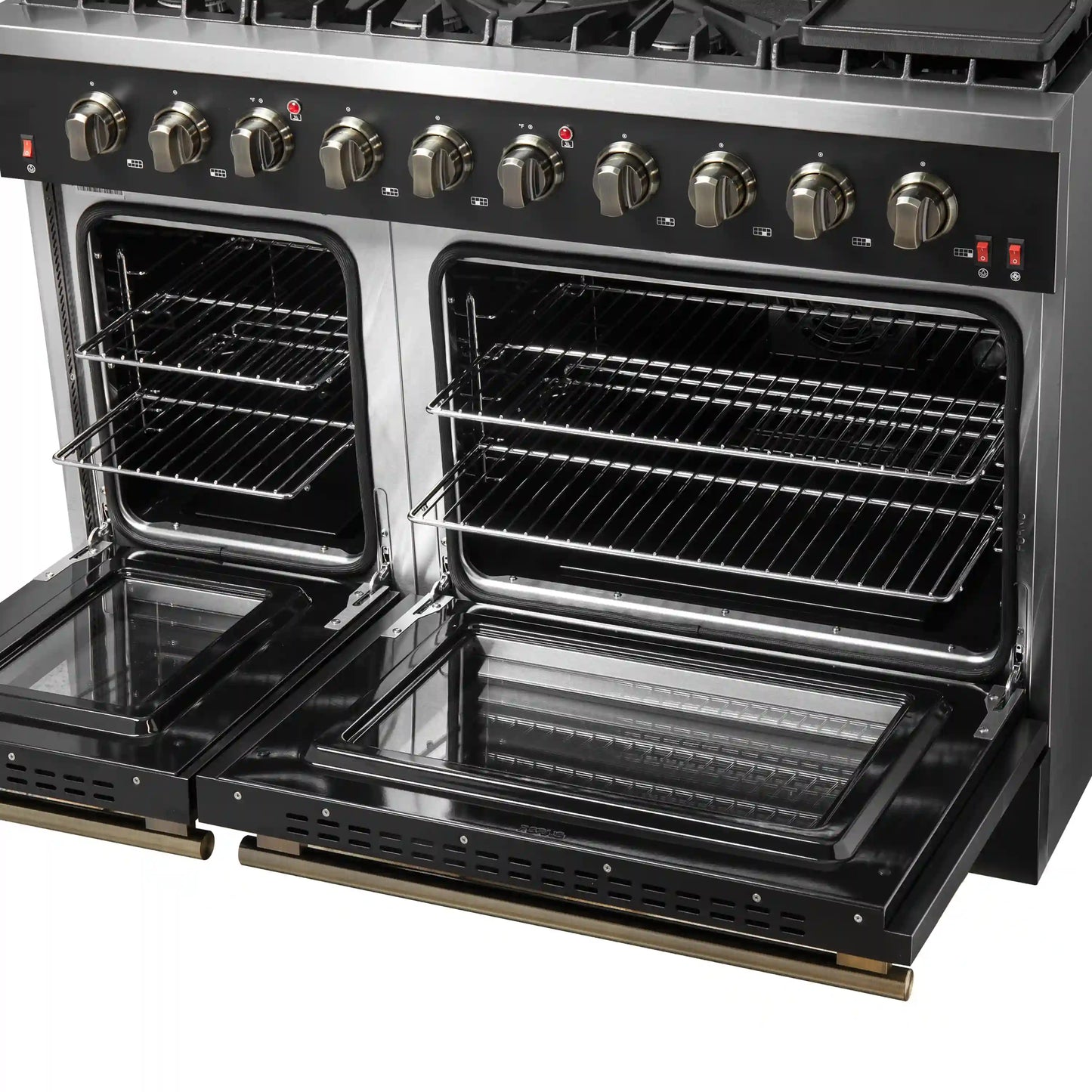 Forno Galiano 5-Piece Appliance Package - 48-Inch Gas Range, 48-Inch Hood, 36-Inch Refrigerator, 24-Inch Dishwasher, & 30-Inch Microwave Drawer in Black with Antique Brass Trim - AP5-6244-48BLK-MWD30