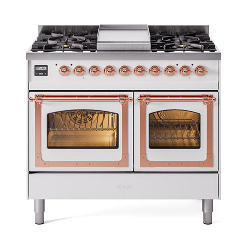 GREE ILVE 40 Inch Nostalgie II Noblesse Freestanding Dual Fuel Range with 6 Sealed Burners, Griddle with Copper Trim - UND40FNMPWHP