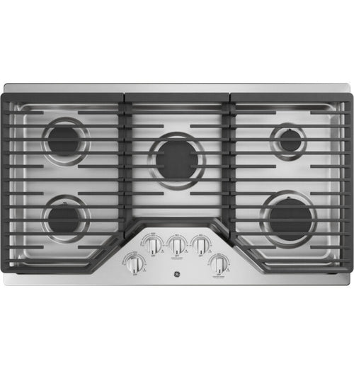 GE Appliances  36" Built-In Gas Cooktop with 5 Burners and Dishwasher Safe Grates Stainless Steel - JGP5036SLSS