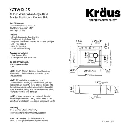 KRAUS 25” Drop-In Granite Composite Workstation Kitchen Sink in Metallic Black - KGTW12-25MBL