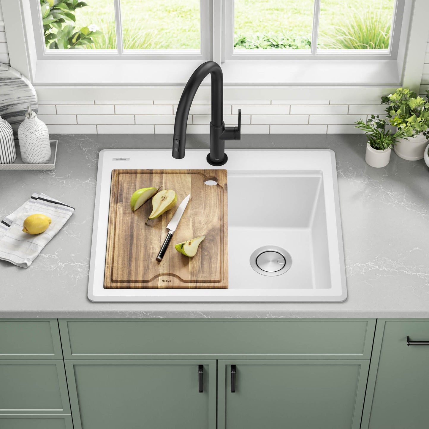 KRAUS 25” Drop-In Granite Composite Workstation Kitchen Sink in White - KGTW12-25WH