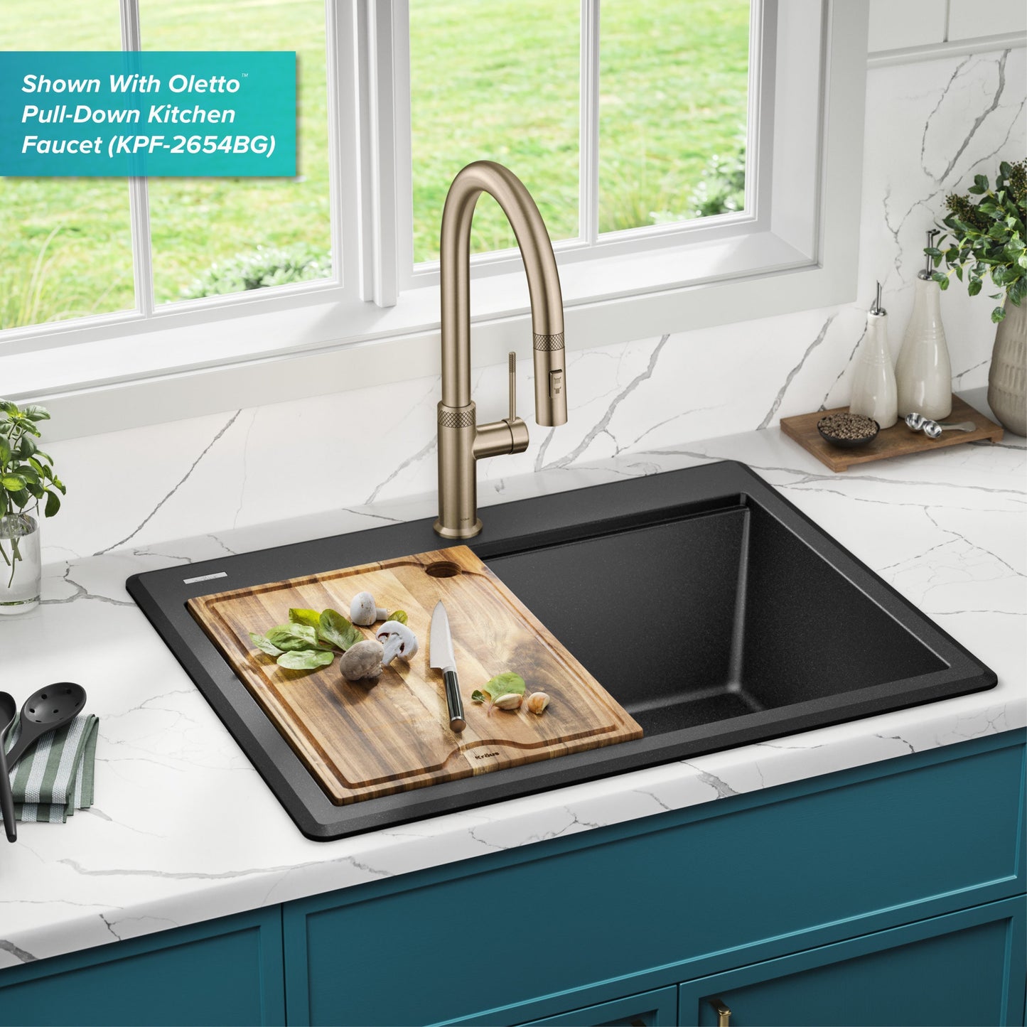 KRAUS 28” Drop-In Granite Composite Workstation Kitchen Sink in Metallic Black - KGTW12-28MBL