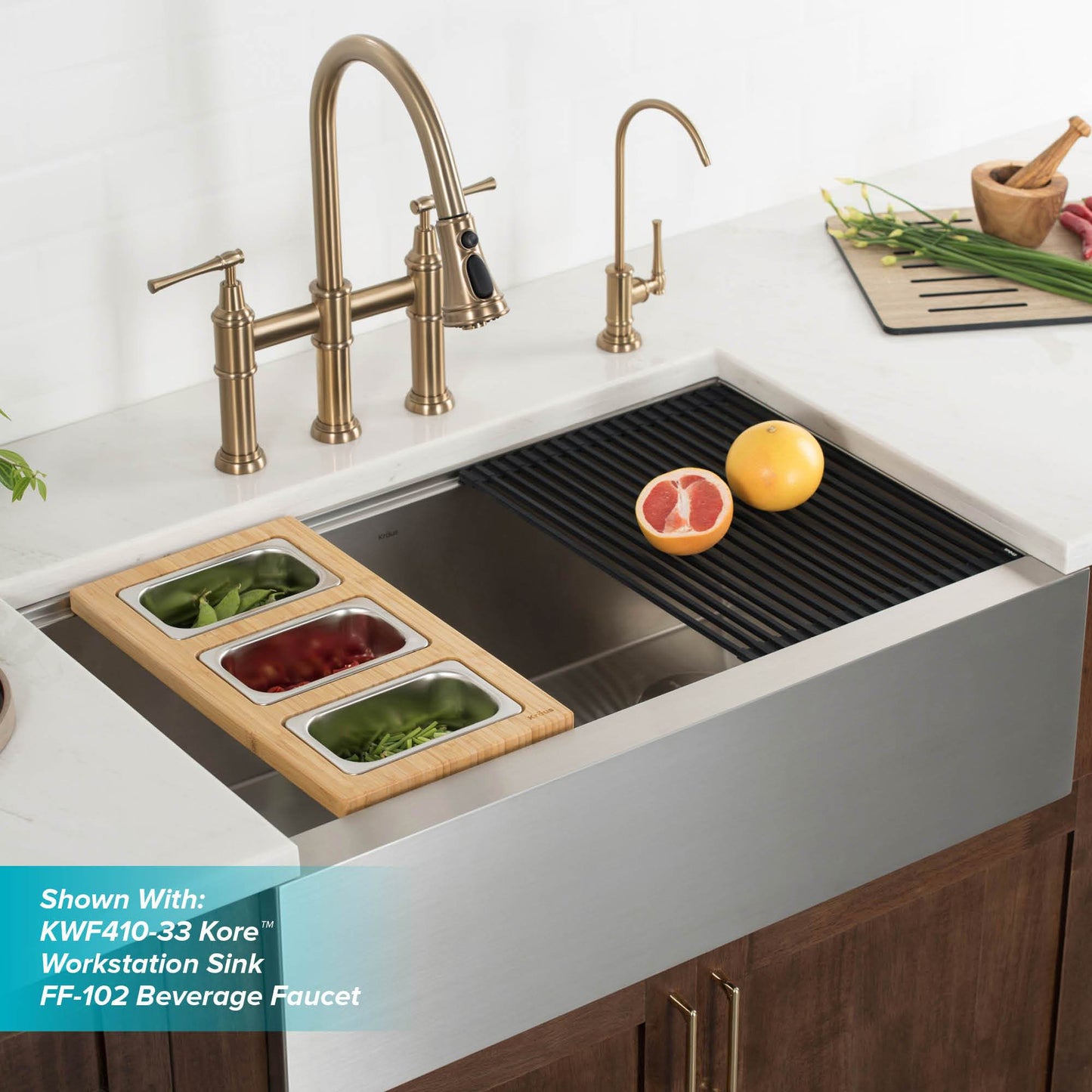 KRAUS Allyn Bridge Faucet with Pull-Down Sprayhead in Brushed Gold - KPF-3121BG