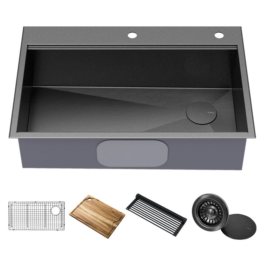 KRAUS Kore Workstation 33" Drop-In 16 Gauge Single Bowl Kitchen Sink in PVD Gunmetal