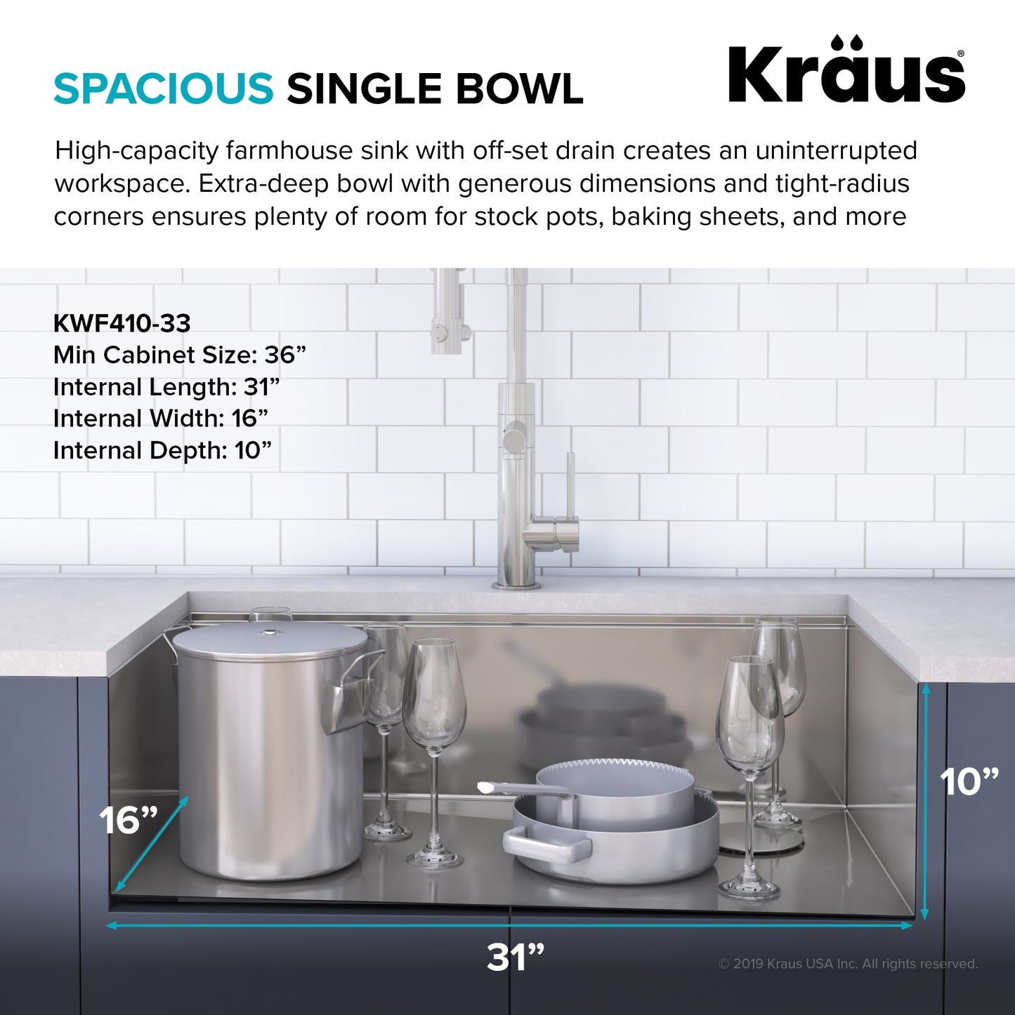 KRAUS Kore Workstation 33" Farmhouse Flat Apron Front 16 Gauge Single Bowl Stainless Steel Kitchen Sink with Accessories - KWF410-33