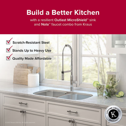 KRAUS Outlast MicroShield Scratch-Resist Stainless Steel Undermount 50/50 Double Bowl Sink, 32" 16 Gauge, Premier Series - KBU22E