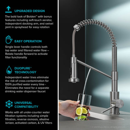 KRAUS Single Handle Kitchen Faucet with Integrated Dispenser for Water Filtration in Brushed Brass & Matte Black - KFF-1610BBMB