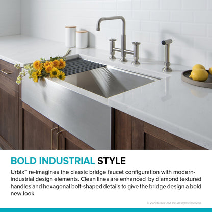 KRAUS Urbix Bridge Kitchen Faucet with Side Sprayer in Spot Free Stainless Steel - KPF-3125SFS