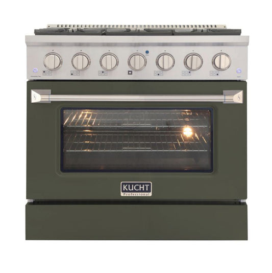 Kucht 36 Inch Professional KNG Series Liquid Propane Gas Stainless Steel Range with Olive Green Oven Door - KNG361/LP-OG