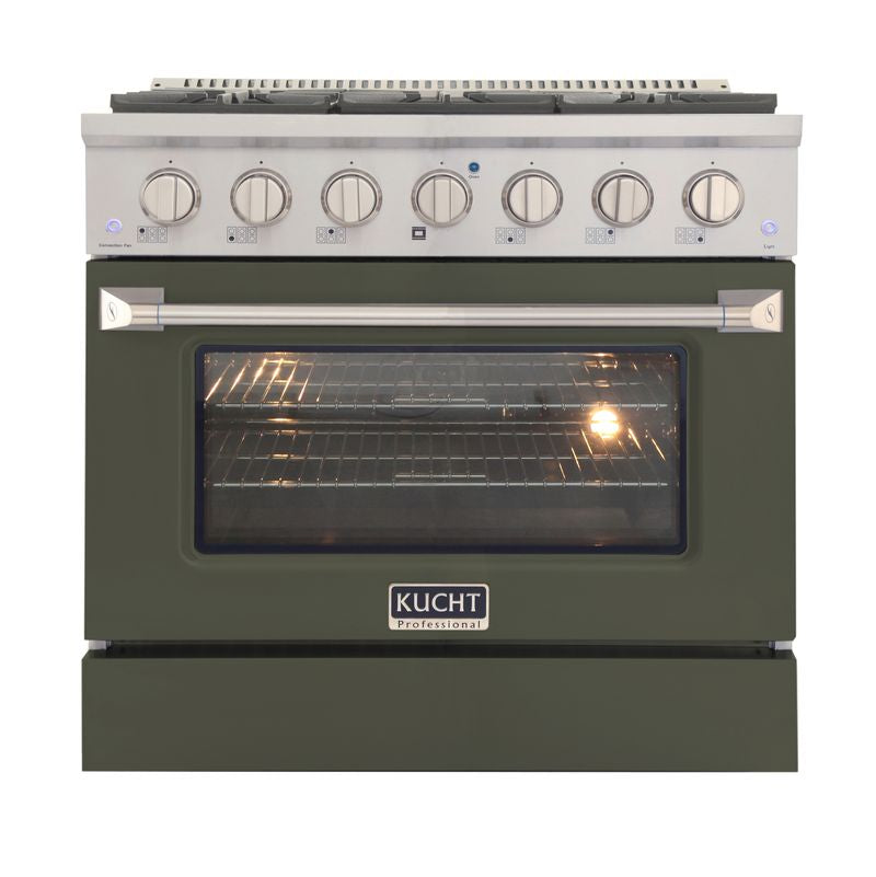 Kucht 36 Inch Professional KNG Series Natural Gas Stainless Steel Range with Olive Green Oven Door
