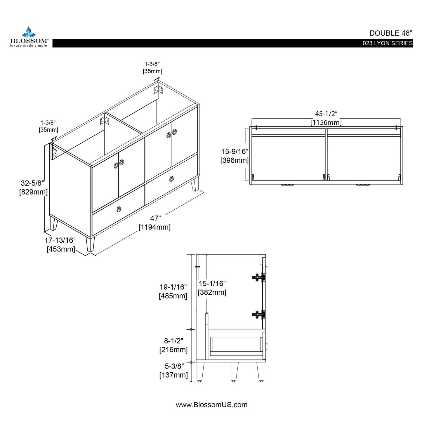 Blossom Lyon 48 Inch Bathroom Vanity – Double Sinks - V8023 48 01D