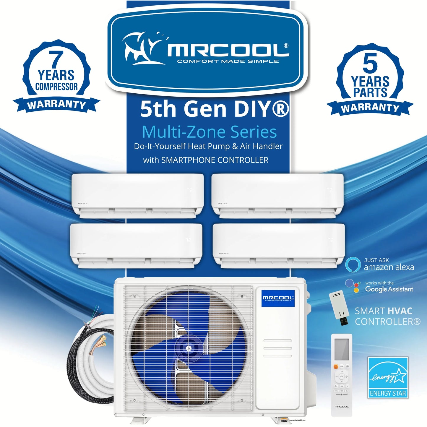 MRCOOL DIY 5th Gen Mini Split - 4-Zone 36,000 BTU Ductless Air Conditioner and Heat Pump Condenser with 18K + 12K + 12K + 6K Wall Mount Air Handlers - DIY5-4Z-36HP-18K12K12K6K