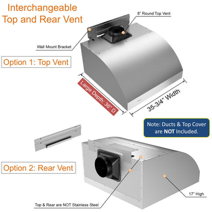 Awoco 36" Outdoor BBQ Vent Hood 18" High Type 304 Stainless Steel, 4 Speeds 1000 CFM, Adjustable LED Lights, 8” Round Top Vent - AWC-RH-WM-BBQ36