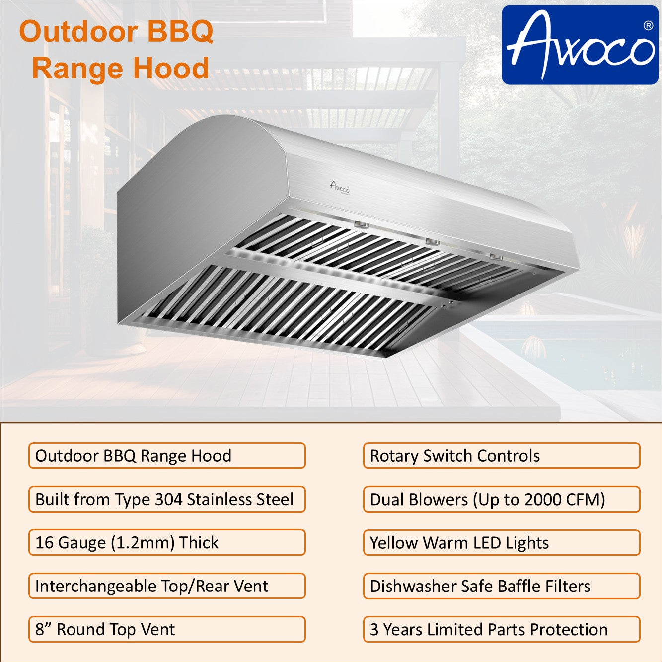 Awoco 42" Outdoor BBQ Vent Hood 18" High Type 304 Stainless Steel, 4 Speeds 2000 CFM with Chimney Cover, 8” Round Top Vent - AWC-RH-WM-BBQ-42+Chim-12x42