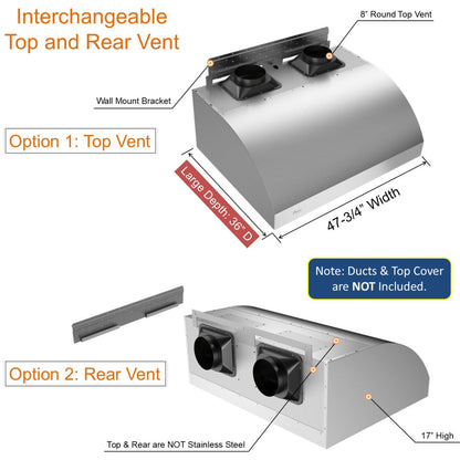Awoco 48" Outdoor BBQ Vent Hood 18" High Type 304 Stainless Steel, 4 Speeds 2000 CFM, Dual Blowers, Adjustable LED Lights, 8” Round Top Vent - AWC-RH-WM-BBQ48