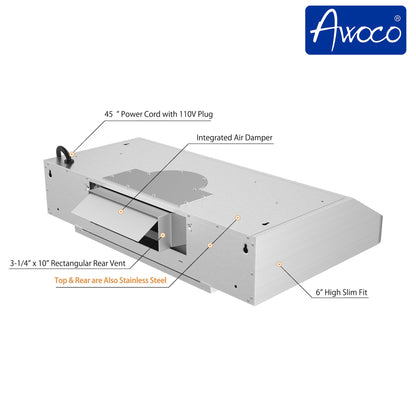 AWOCO RH-R06 under cabinet range hood - Rectangle Rear Vent - 900 CFM - RH-R06-30-COLD