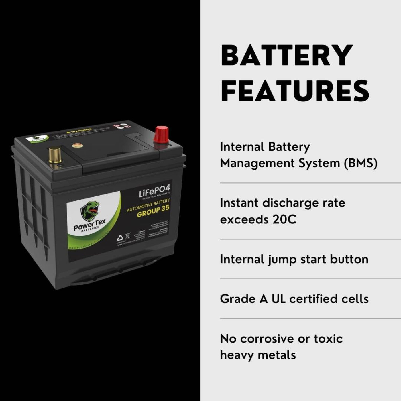 PowerTex 2005 Toyota Solara Car Battery BCI Group 35 / Q85 Lithium LiFePO4 Automotive Battery - PTLG35-499