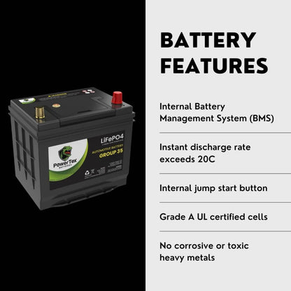 PowerTex 2016 Infiniti QX70 Car Battery BCI Group 35 / Q85 Lithium LiFePO4 Automotive Battery - PTLG35-40