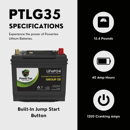 PowerTex 2018 Nissan Murano Car Battery BCI Group 35 / Q85 Lithium LiFePO4 Automotive Battery - PTLG35-247