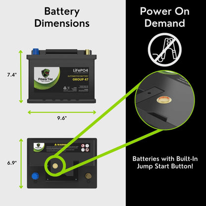 PowerTex 2012 Audi A5 Car Battery BCI Group 47 H5 Lithium LiFePO4 Replacement Automotive Battery - PTLG47-112